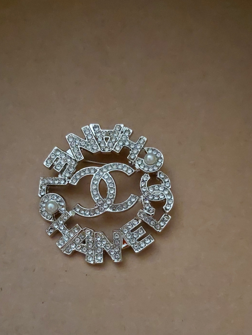Silver-Tone Crystal CC Logo Brooch with Pearls